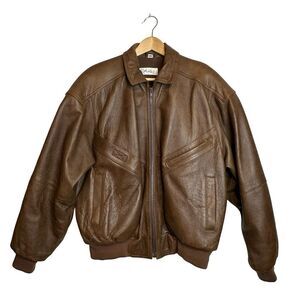 PHILIPPE MONET Vintage Brown Leather Zip Front Bomber Jacket Size 42